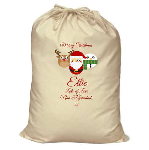 CA04 - Cute Reindeer, Santa and Snowman Christmas Personalised Canvas Santa Sack