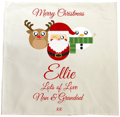 CA04 - Cute Reindeer, Santa and Snowman Christmas Personalised Tea Towel