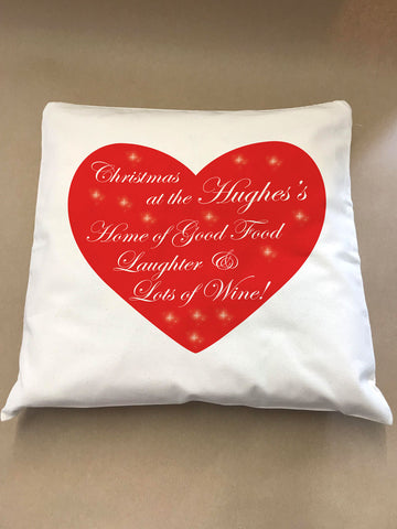 Home of Good Food, Laughter and Lots of Wine Christmas Personalised Canvas Cushion Cover