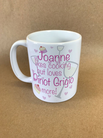 CA21 - Name likes Cooking but loves Pinot Grigio Mug & White Gift Box