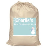 CA23 - Cute Baby 1st Christmas Pink/Blue Snowman Personalised Canvas Santa Sack