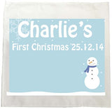 CA23 - Cute Baby 1st Christmas Pink/Blue Snowman Personalised Tea Towel