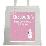 CA23 - Cute Baby 1st Christmas Pink/Blue Snowman Personalised Canvas Bag for Life