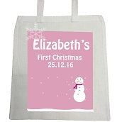 CA23 - Cute Baby 1st Christmas Pink/Blue Snowman Personalised Canvas Bag for Life