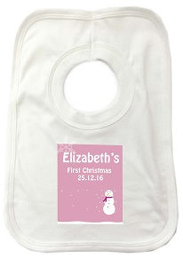 CA23 - Cute Baby 1st Christmas Pink/Blue Snowman Personalised Baby Bib