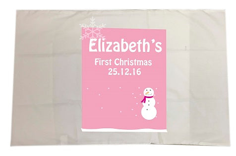 CA23 - Cute Baby 1st Christmas Pink/Blue Snowman Personalised White Pillow Case Cover