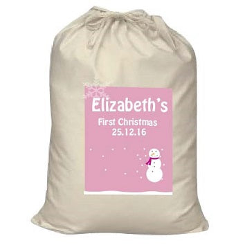 CA23 - Cute Baby 1st Christmas Pink/Blue Snowman Personalised Canvas Santa Sack