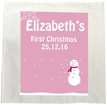 CA23 - Cute Baby 1st Christmas Pink/Blue Snowman Personalised Tea Towel