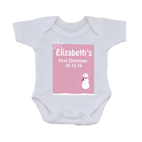 CA23 - Cute Baby 1st Christmas Pink/Blue Snowman Personalised Baby Vest