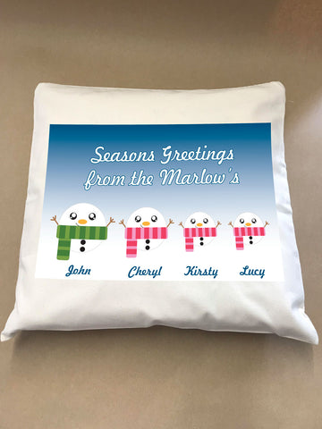 Cute Snowman Family Personalised Christmas Cushion Cover