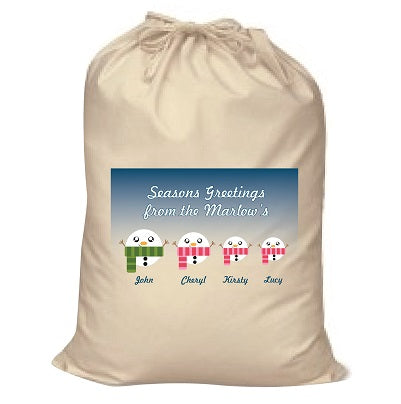 CB02 - Cute Snowman Family Personalised Christmas Canvas Santa Sack