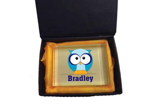CB03 - Boys One Owl Personalised Glass Crystal Block with Presentation Gift Box