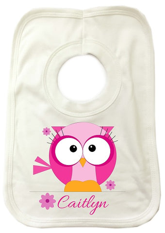 Cute Girls Owl with name underneath Personalised Baby Bib