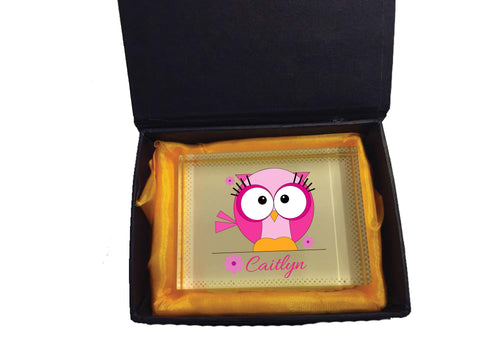 CB07 - Cute Girls Owl with name underneath Personalised Crystal Block with Presentation Gift Box