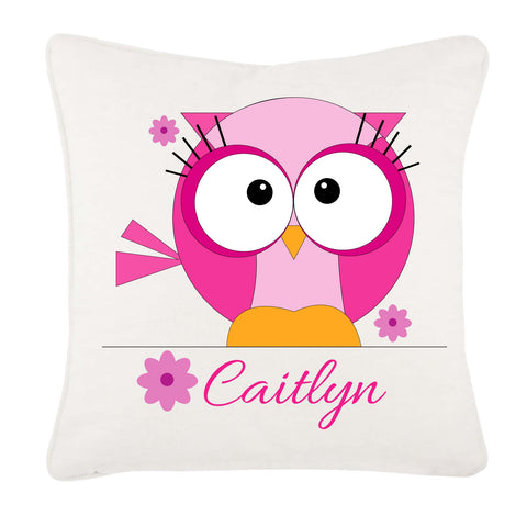 Cute Girls Owl with name underneath Personalised Canvas Cushion Cover