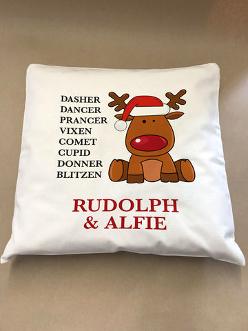 Personalised Christmas Santa's Reindeers with Rudolph & Child's Name Cushion Cover