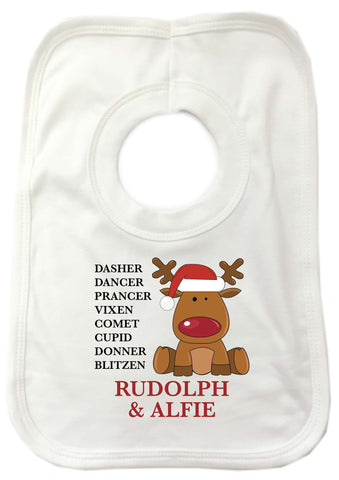 CC01 - Personalised Christmas Santa's Reindeers with Rudolph & Child's Name Baby Bib