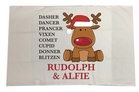 CC01 - Personalised Christmas Santa's Reindeers with Rudolph & Child's Name White Pillow Case Cover