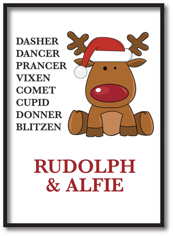 CC01 - Personalised Christmas Santa's Reindeers with Rudolph & Child's Name Print