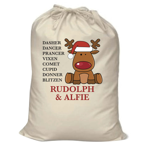 CC01- Personalised Christmas Santa's Reindeers with Rudolph & Child's Name Canvas Santa Sack