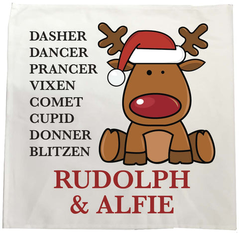 CC01 - Personalised Christmas Santa's Reindeers with Rudolph & Child's Name Tea Towel