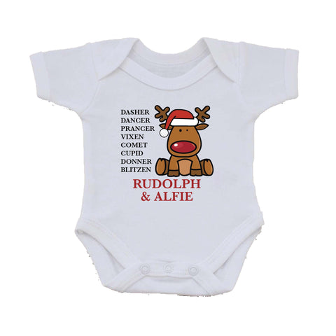 CC01 - Personalised Christmas Santa's Reindeers with Rudolph & Child's Name Baby Vest