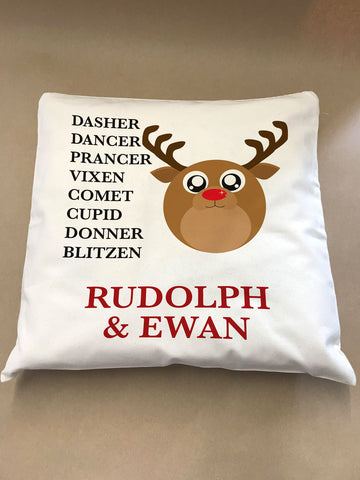 Personalised Christmas Cute, Round Reindeer With Childs Name Canvas Cushion Cover