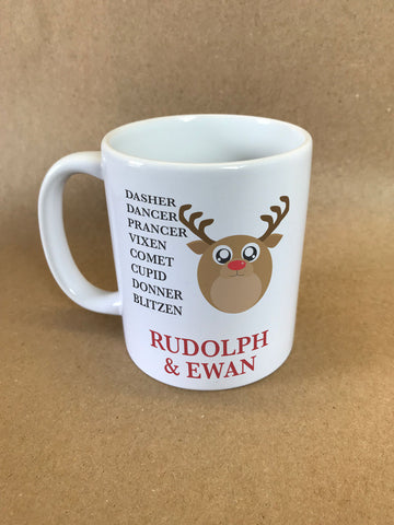 CC03- Personalised Christmas Cute Reindeer & Child's Name and list of Reindeers Mug & White Gift Box