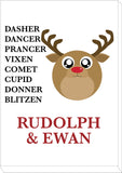 CC03 - Personalised Christmas Cute Reindeer & Child's Name and list of Reindeers White Print