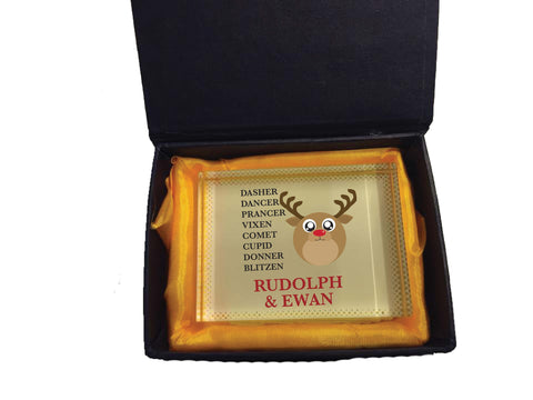 CC03 - Personalised Christmas Cute Reindeer & Name and list of Reindeers Crystal Block & Gift Box