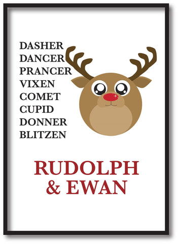 CC03 - Personalised Christmas Cute Reindeer & Child's Name and list of Reindeers White Print