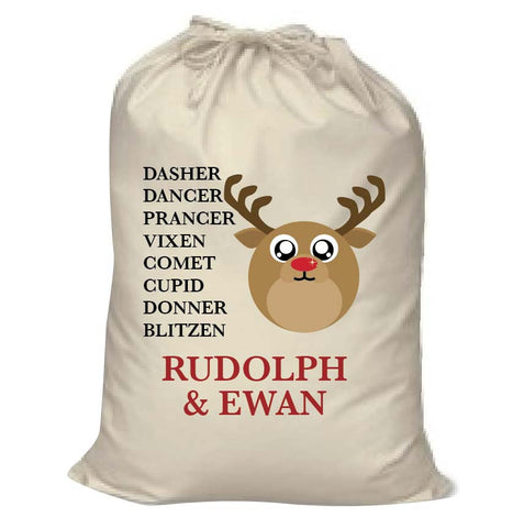 CC03- Personalised Christmas Cute Reindeer & Child's Name and list of Reindeers in Canvas Santa Sack