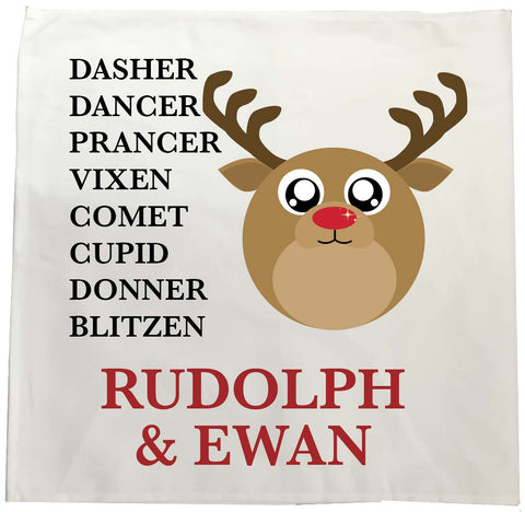 CC03 - Personalised Christmas Cute Reindeer & Child's Name and list of Reindeers Tea Towel