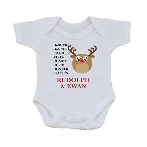 CC03 - Personalised Christmas Cute Reindeer & Child's Name and list of Reindeers Baby Vest