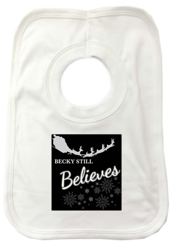 CC05 - Personalised Christmas Name inserted Still Believes in Black or Red Baby Bib