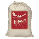 CC05 - Personalised Christmas Name inserted Still Believes Flying Reindeer Canvas Santa Sack