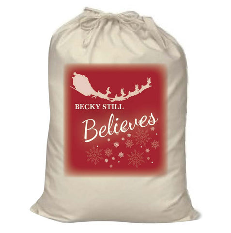 CC05 - Personalised Christmas Name inserted Still Believes Flying Reindeer Canvas Santa Sack
