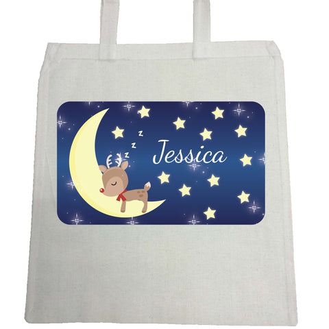 PC05 - Personalised Sleeping Cute Reindeer on the Moon Christmas Canvas Bag for Life