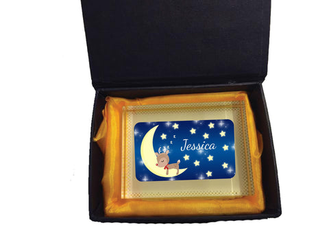 PC05 - Personalised Sleeping Cute Reindeer on the Moon Christmas Crystal Block & Gift Box