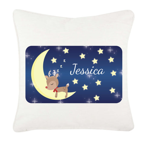 Personalised Sleeping Cute Reindeer on the Moon Christmas Cushion Cover