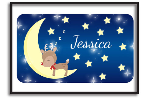 PC05 - Personalised Sleeping Cute Reindeer on the Moon Christmas Print