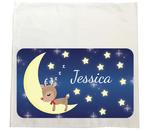 PC05 - Personalised Sleeping Cute Reindeer on the Moon Christmas Tea Towel