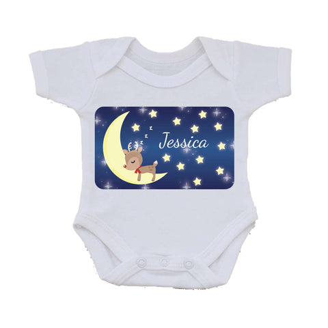 PC05 - Personalised Sleeping Cute Reindeer on the Moon Christmas Baby Vest