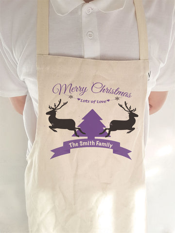 CC07 - Personalised Merry Christmas Reindeers and Tree with Your Family Name Canvas Apron