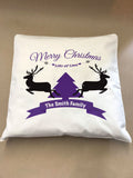 Personalised Christmas Reindeers & Tree With Your Family Name Inserted In Ribbon Cushion
