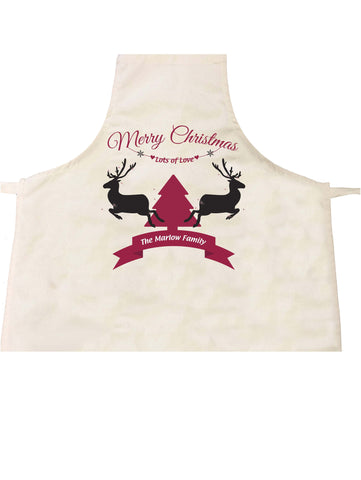 Personalised Merry Christmas Reindeers and Tree with Your Family Name Canvas Apron
