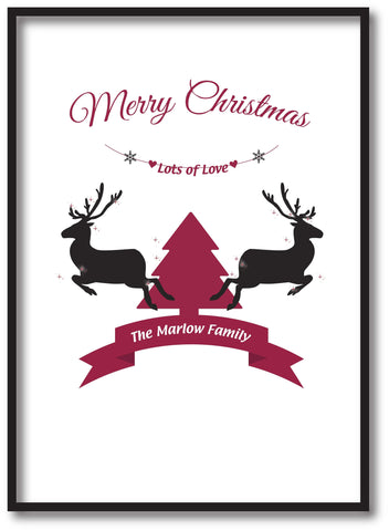 CC07 - Personalised Christmas Reindeers and Tree with (Your Family Name) inserted in ribbon Print