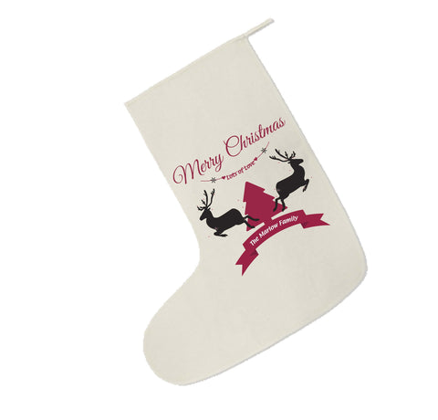 CC07 - Personalised Christmas Reindeers & Tree with Family Name in ribbon Canvas Santa Stocking
