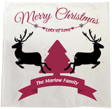 CC07 -Personalised Christmas Reindeers & Tree with Your Family Name in a ribbon Tea Towel