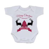 CC07 - Personalised Merry Christmas Reindeers & Tree with Your Family Name in a ribbon Baby Bib